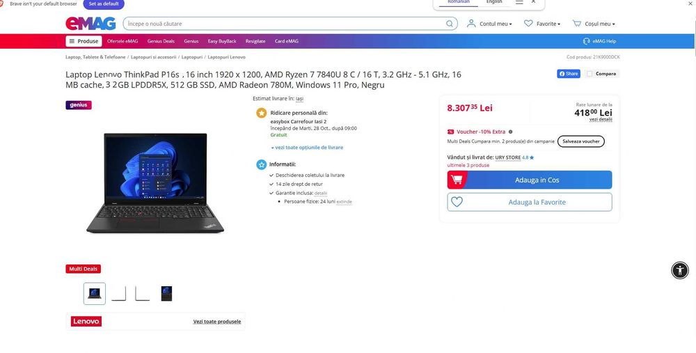 Laptop ThinkPad P16s Gen 2 , Ryzen 7 PRO 7840U , 32 gb ddr5 , nou