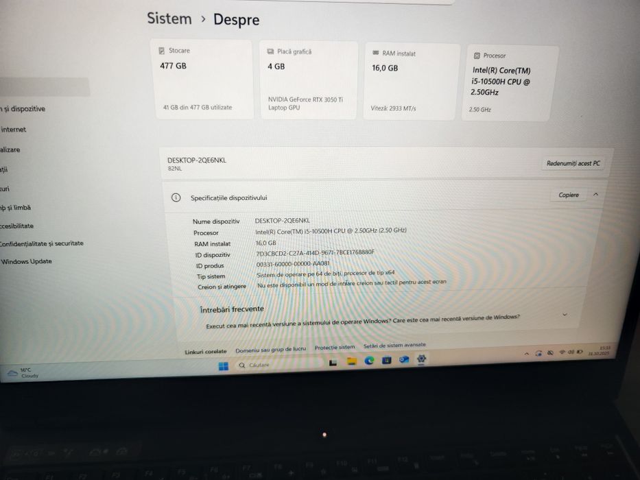 Vând laptop gaming Lenovo Legion 5 15IMH6 i5-10500H RTX 3050 Ti 4Gb