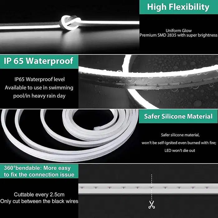 LED лента 2M, бели 12V димируеми неонови LED ленти, водоустойчива