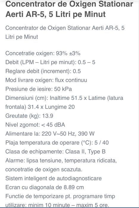 Concentrator de oxigen stationar, 5 litri /minut