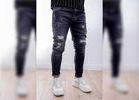 Blugi barbati skinny, cu rupturi, stropi de vopsea, Bumbac, Negru