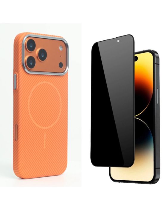 Husa Carbon Texture Orange + Folie Sticla - Iphone 17 PRO/17 PRO MAX
