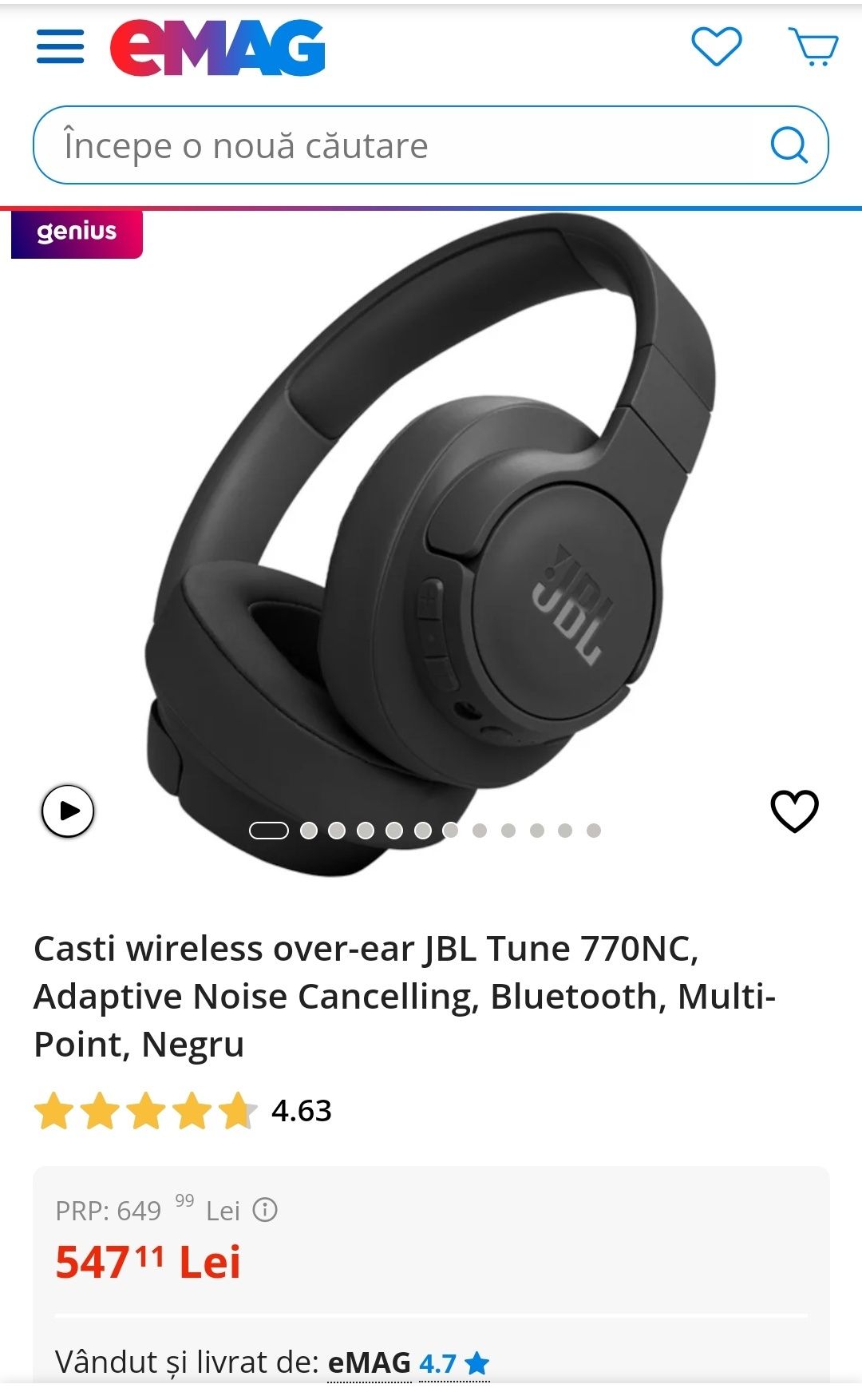 Casti wireless over-ear JBL Tune 770NC, Adaptive Noise Cancelling, Blu