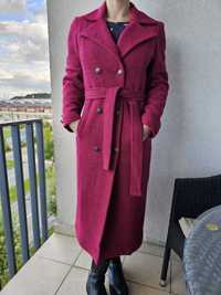 Palton de lana buclata, visiniu, cu captuseala dubla, pentru iarna