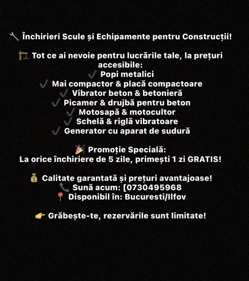 Inchiriez motosapa, motocultor, picamer, compactor, popi metalici