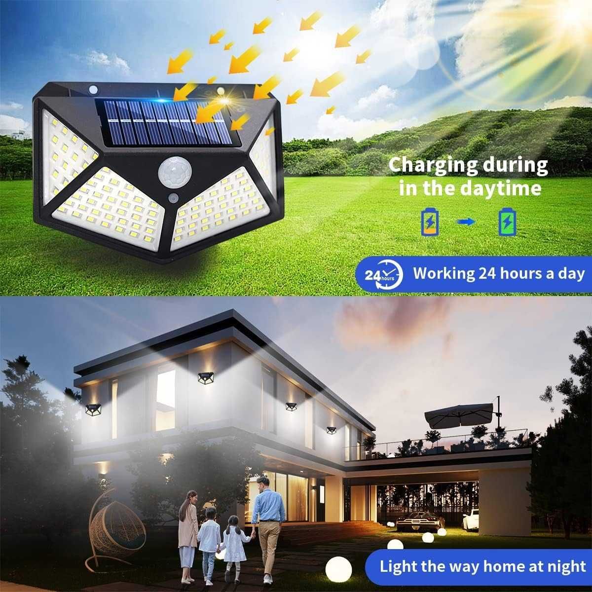 Lampa solara 100 LED COB cu senzor de miscare si amurg 600LM 3 moduri
