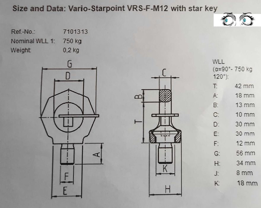 Vario-starpoint vrs-f-m12 ocheti inel ridicare 750 kg siguranta noi