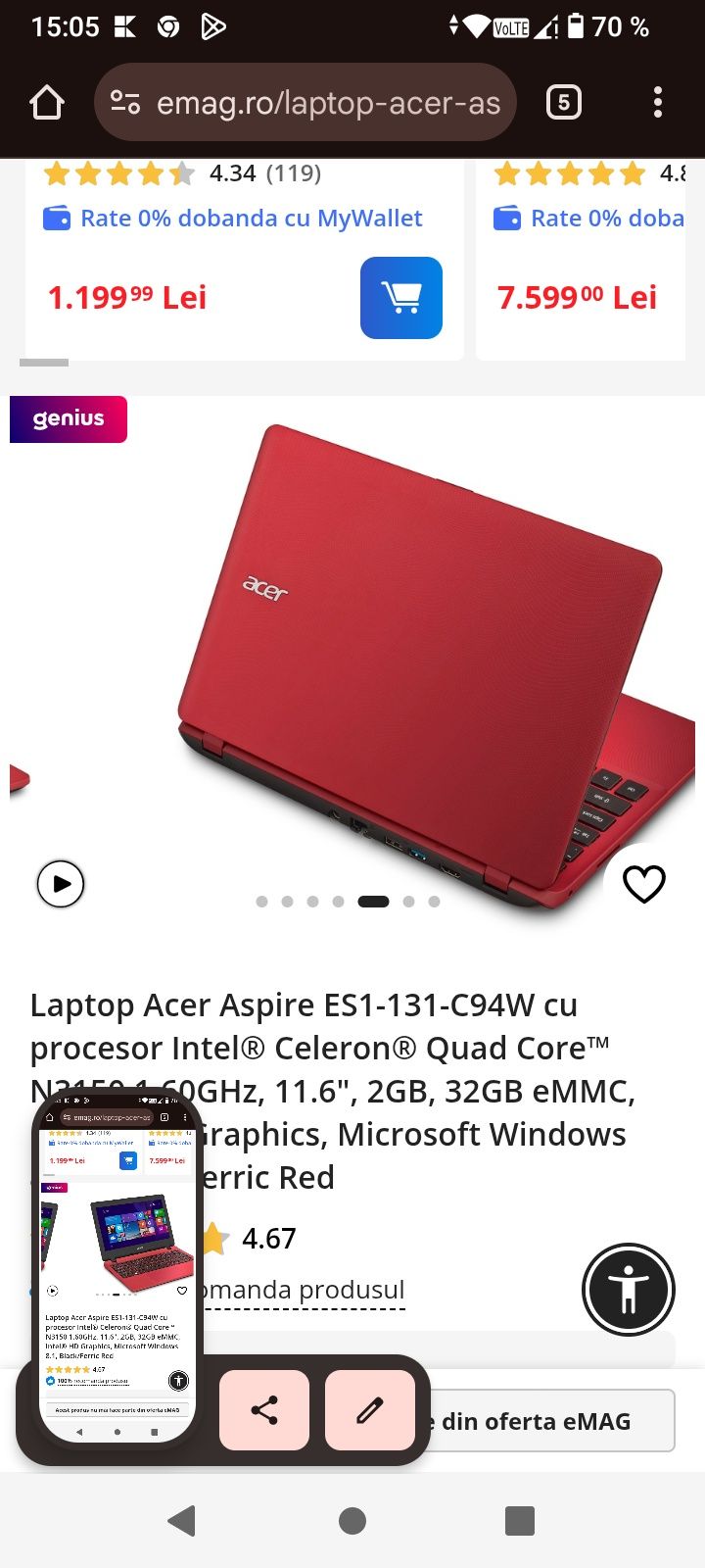 Laptop aspire es11 că nou cutie Windows licență