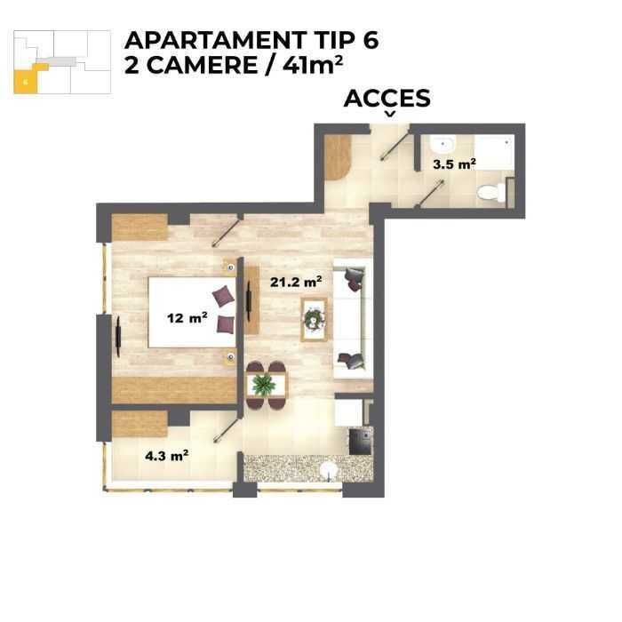 Apartament 2 camere, Valea Adâncă, 41mp / Teren intravilan 577mp