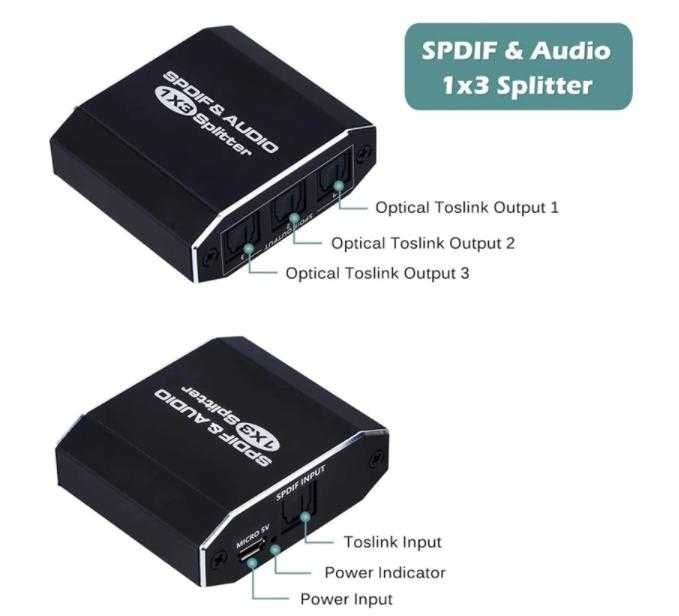 Техник Активен Оптичен Разклонител Цифров Аудио Сплитер SPDIF Toslink