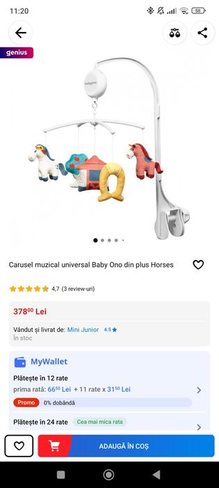 Carusel muzical pentru patut Babyono Horses