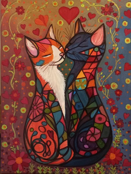 Tablou pictat manual Pisici îndrăgostite 30x40 cm