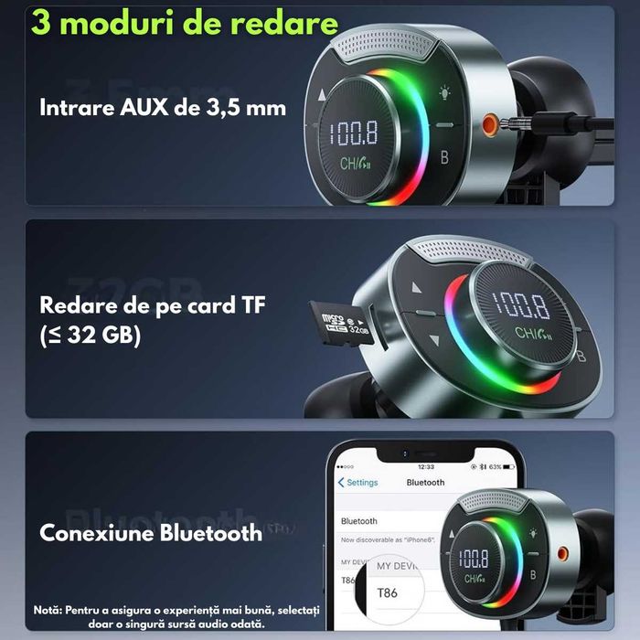 Modulator FM Auto Bluetooth 5.3 | Incarcare Rapida 48W,Microfon HD,RGB