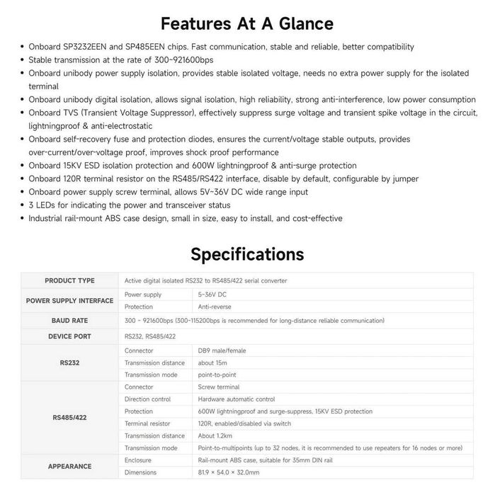 Convertor digital izolat  RS232 la RS485/422 – Port masculin DB9