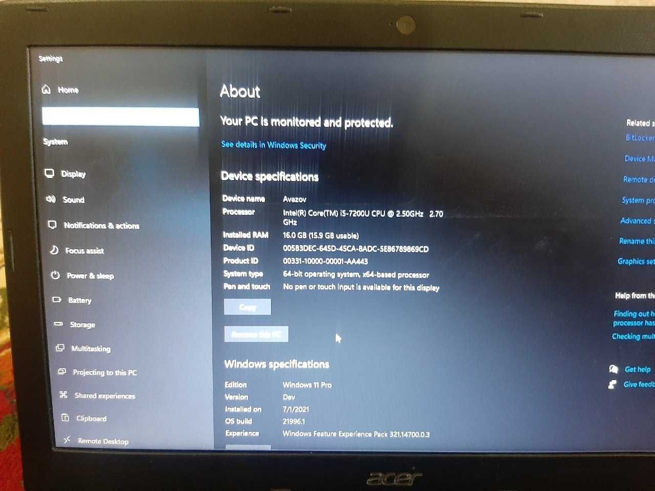 Acer / core i5 - 7gen / 2.5-2.7 ghz