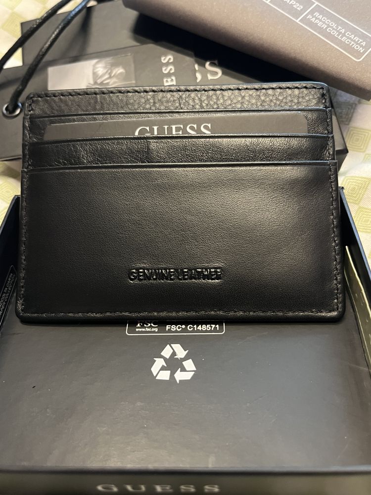 Portcard negru, din piele, Guess