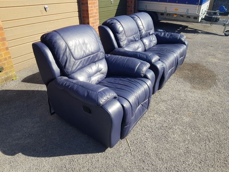 Canapea piele albastru si fotoliu recliner