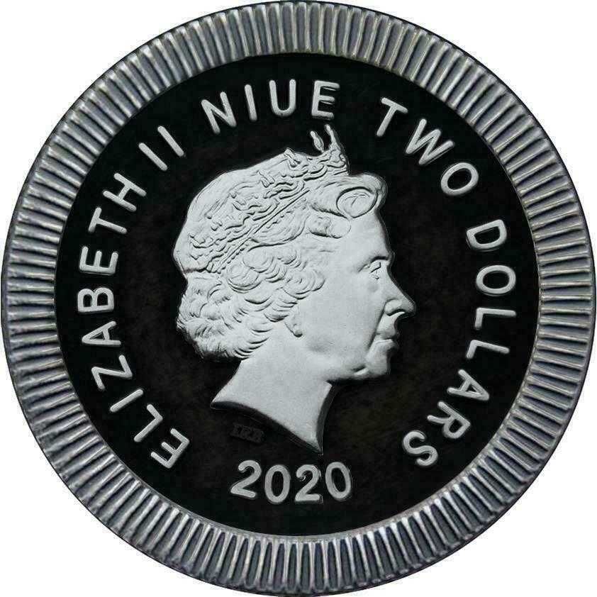 $2 Niue2020 Атинска сова 1 Oz Ruthenium'n'Holo+Swarovski