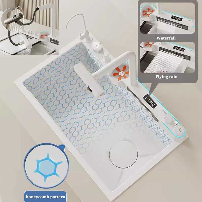 Луксозна бяла мултифункционална кухненска мивка с двоен водопад