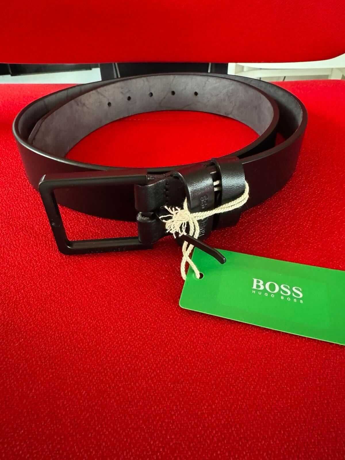 ЧИСТО НОВ: Hugo Boss черен кожен мъжки колан