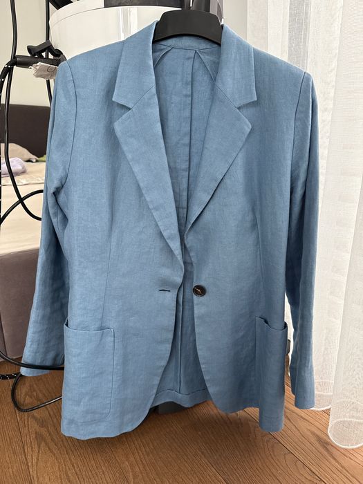 Синьо ленена смес сако на Massimo Dutti