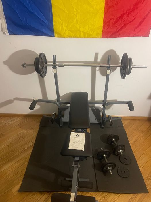Aparat fitness complet – banc de forță, gantere, bară, 100 kg greutăți