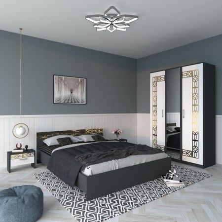 Dormitor Gold Alb Dulap Cu Oglinda si Pat cu 2 Noptiere