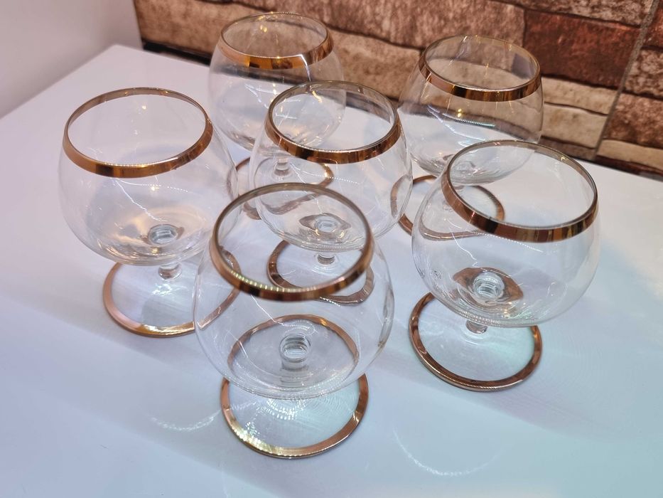 Set 6 pahare vechi de cristal, coniac, pictate manual