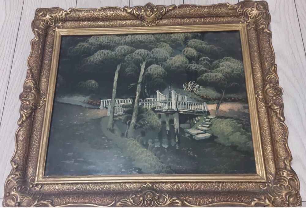 Tablou  Podul peste lac – pictură vintage pe catifea (anii 1950)