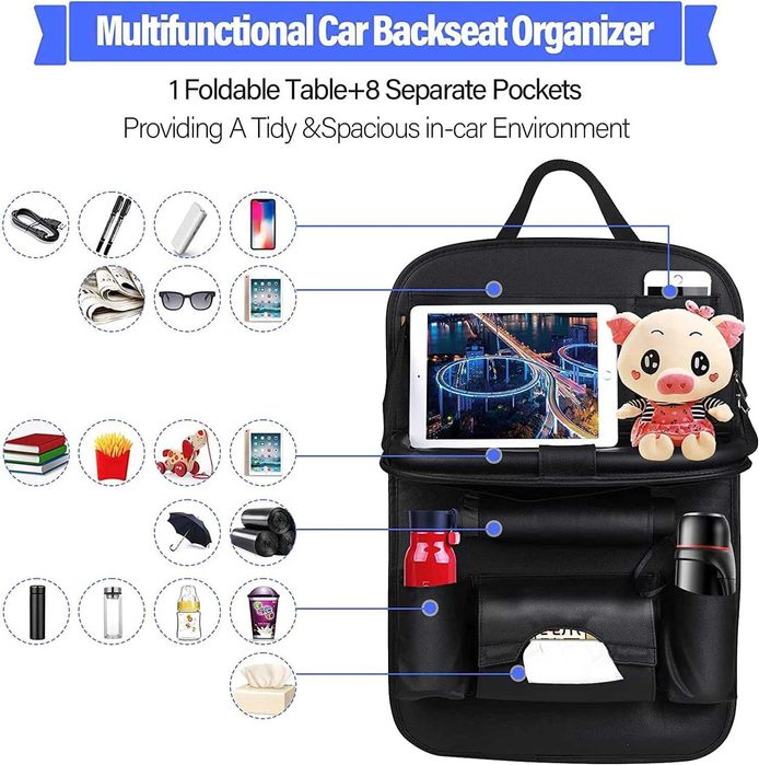 Organizator scaun auto cu tavă pliabilă, depozitare | Piele | Buzunare