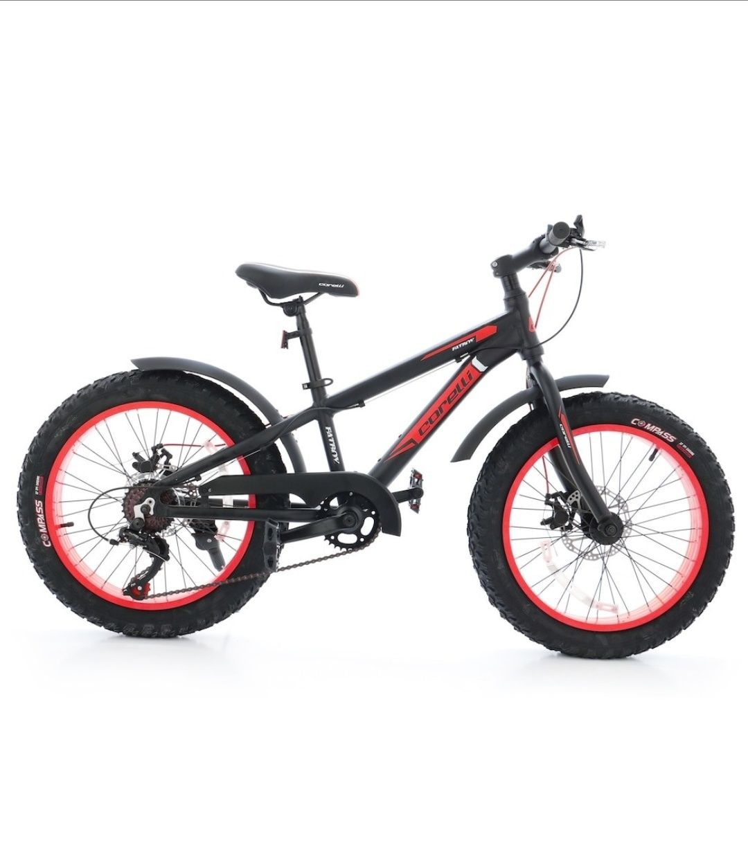 Bicicleta Corelli FatBike 20", culoare alb-rosu, Shimano, Frane Disc M