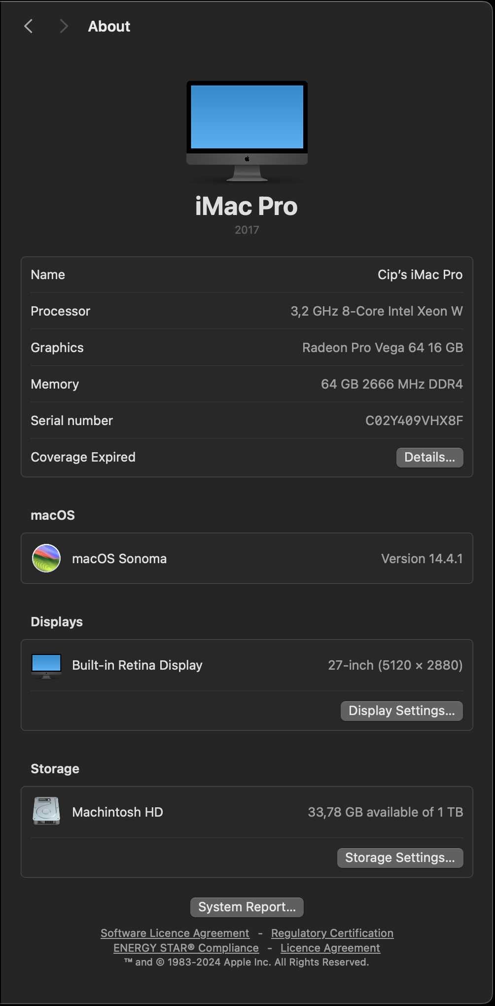 iMac Pro Retina 5K, 27 inch 2017 64GB 1TB SSD