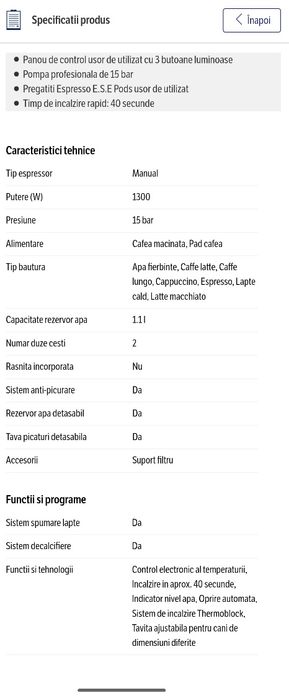 Espressor manual DELONGHI Dedica Style EC685.M, 1.1l, 1300W, 15 bar,