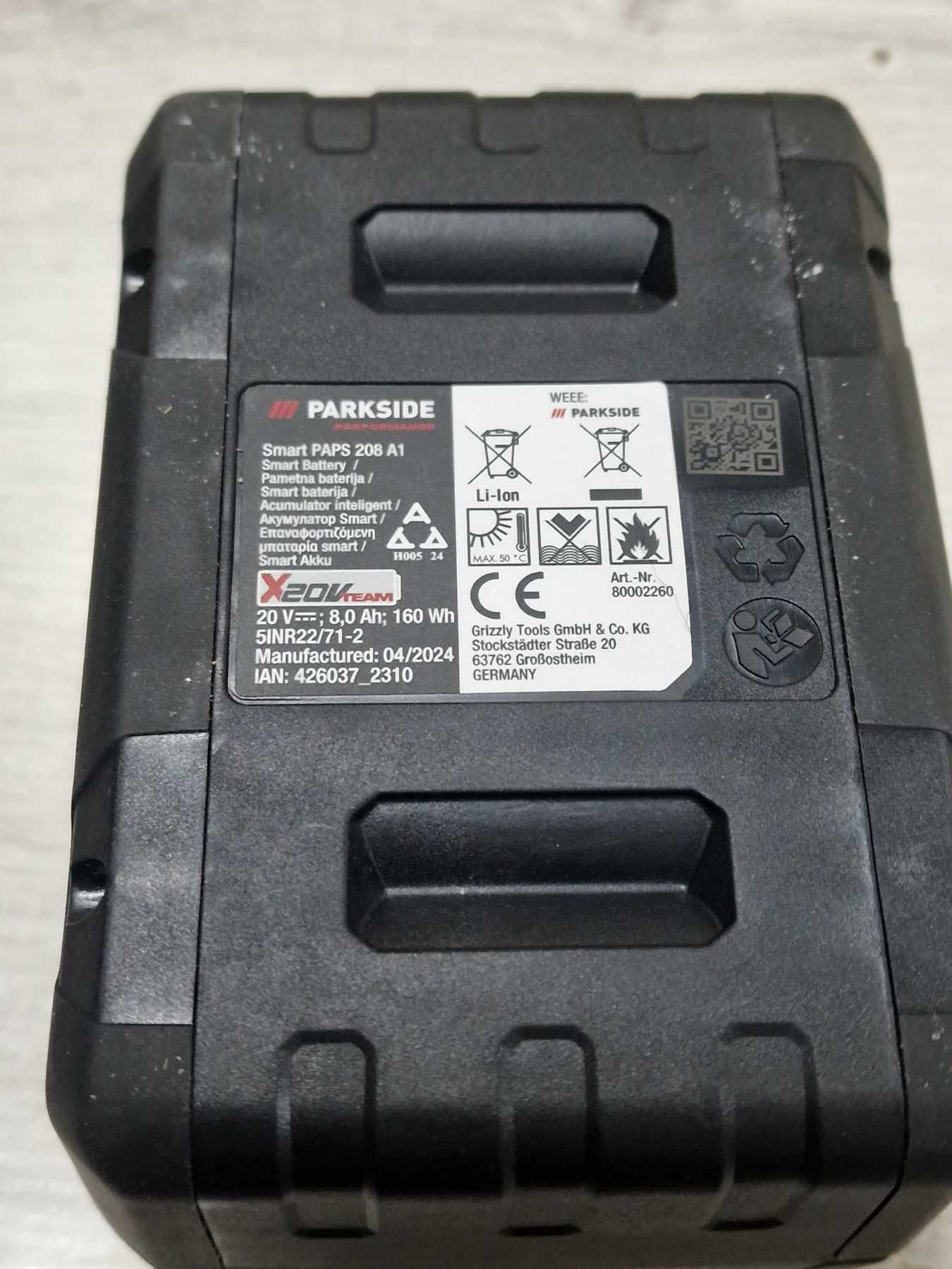 Ъглошлайф PARKSIDE PWSAP 20Li E6 + смарт батерия PAPS 208 A1 20V / 8Ah