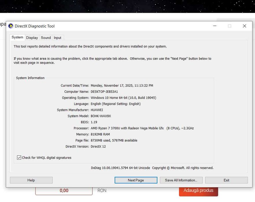 Laptop Huawei MateBook D15 AMD Ryzen 7 3700U 15.6" 8GB 512GB SSD