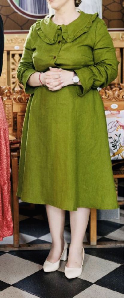 Vând rochie din in prespalat Stellar, Moss Green