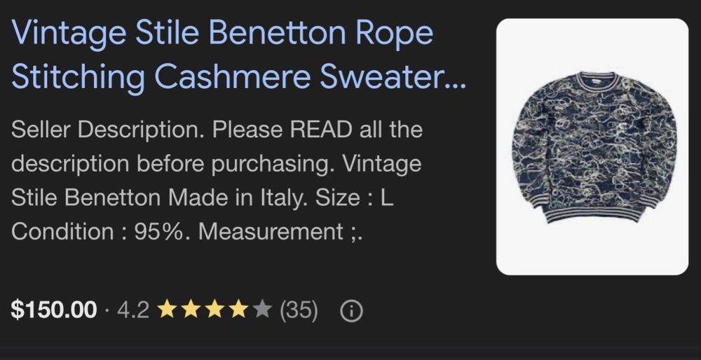 Мъжки кашмирен пуловер Vintage Stile BENETTON .Размер М