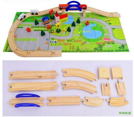 Детски дървен конструктор 40 части с релси,парк,надлез, дървени коли