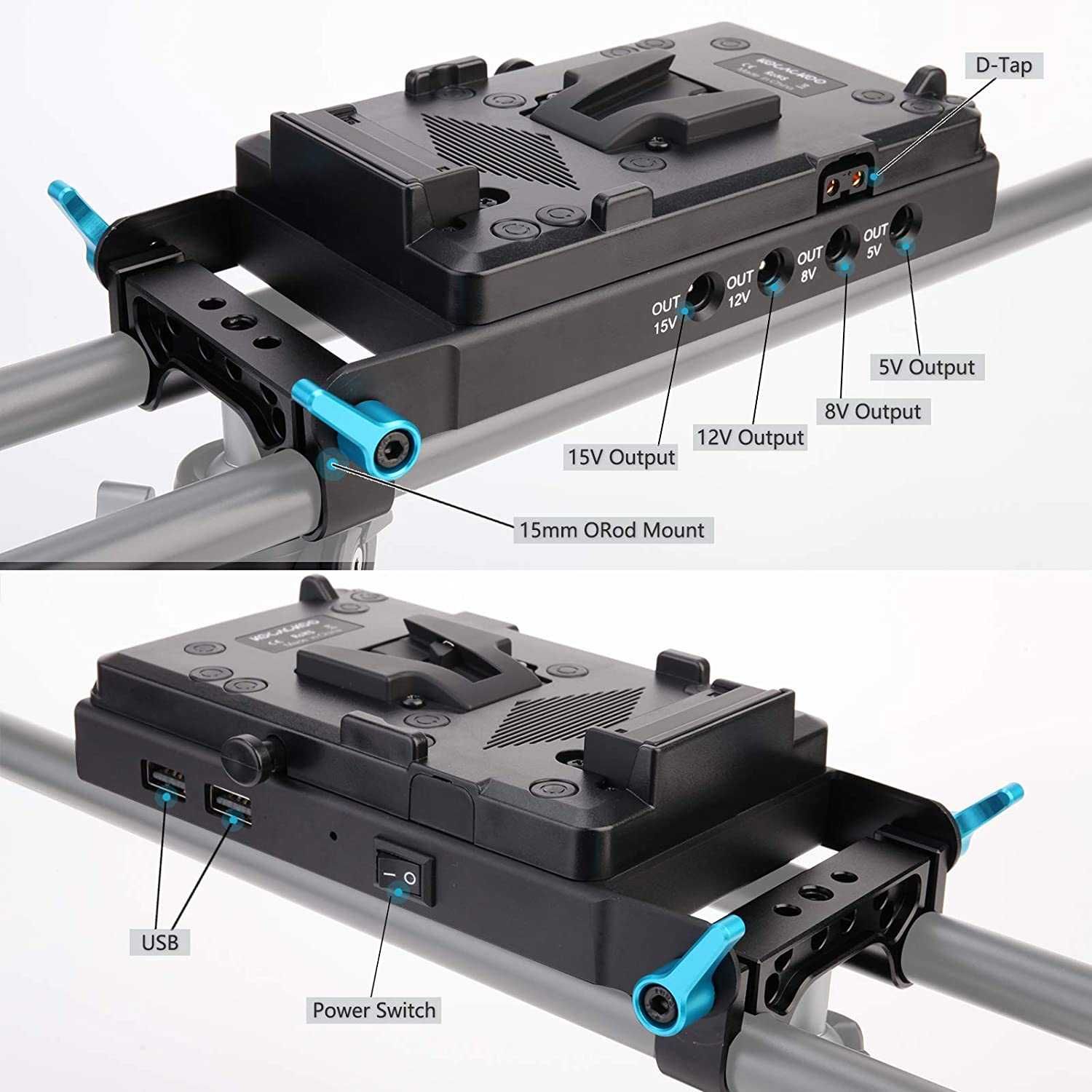 V-Mount Lock Battery Plate Power Supply Splitter Adapter with 15mm Rod