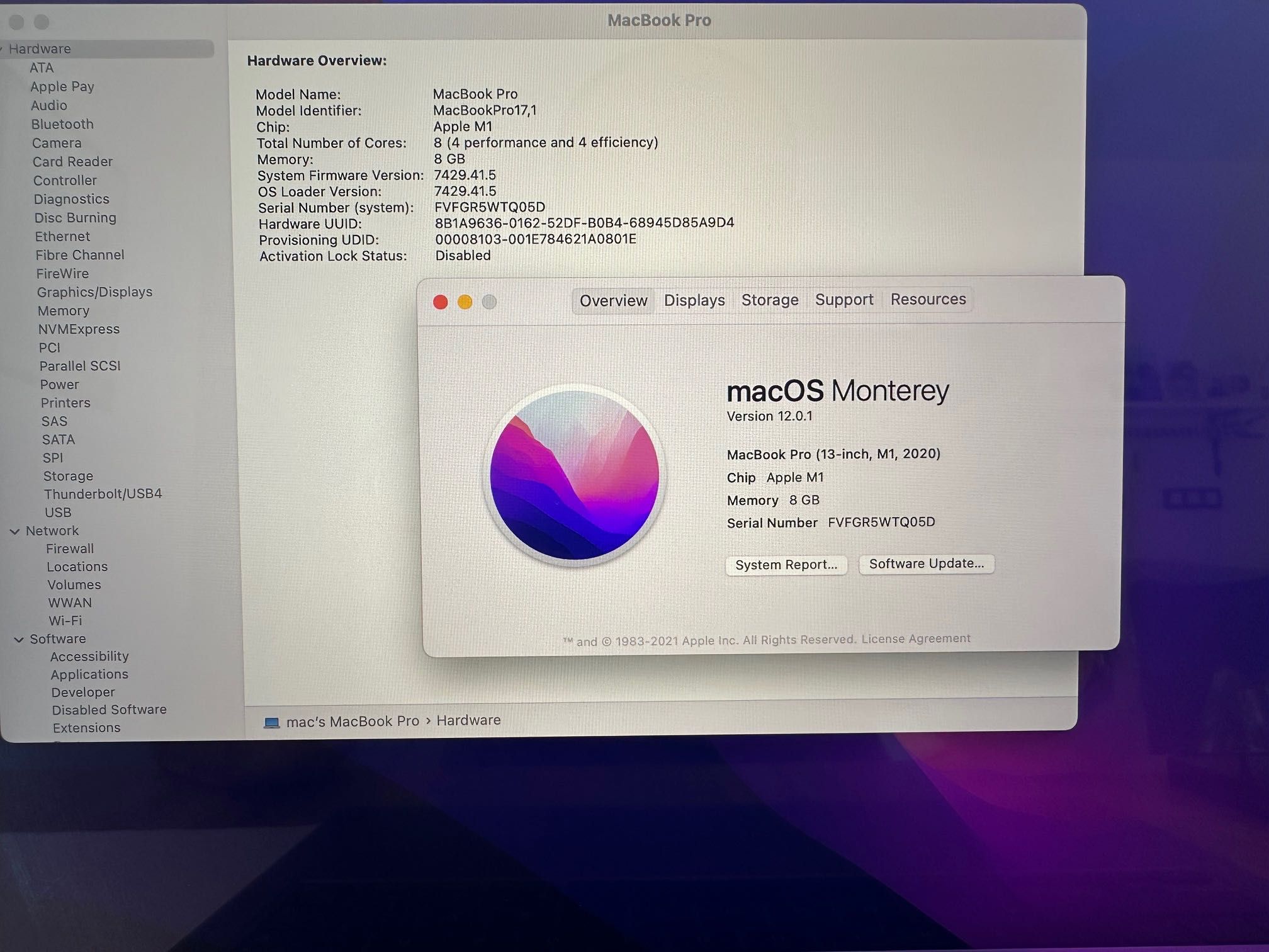 MacBook Pro 13" M1 Chip 8-CPU, 8-GPU, 8GB RAM, 256GB SSD