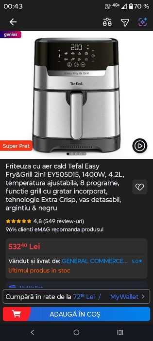 Friteuza cu aer cald Tefal Easy Fry&Grill 2in1 EY505D15, 1400W, 4.2L