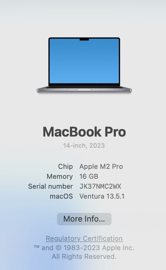 MacBook Pro M2 pro chip, 512GB SSD, 16GB RAM