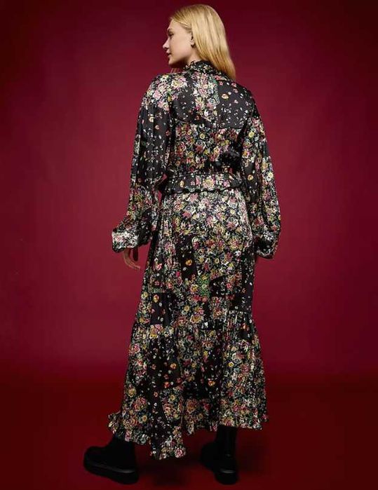 Rochie midi-lunga floral print cu decolteu si slit pe picior Topshop