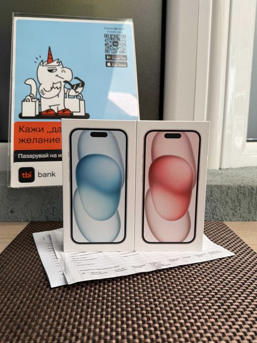 НЕРАЗПЕЧАТАН 24м ГАРАНЦИЯ iPhone 15 Лизинг от 53лв pink blue 128гб син