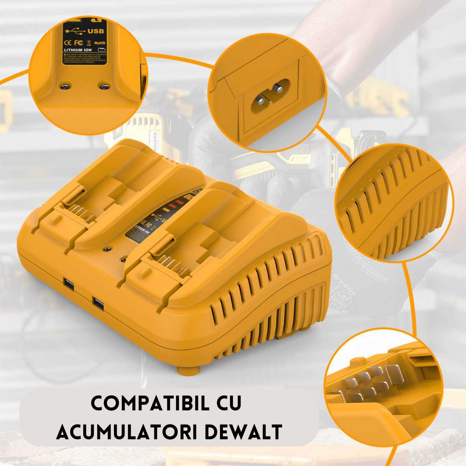 Incarcator Dublu Rapid, Compatibil cu Acumulatori DeWalt, Li-Ion