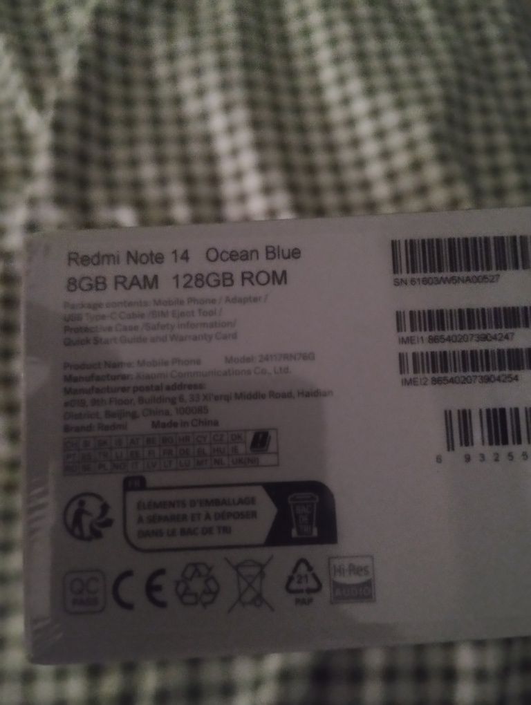 Redmi Note 14 ochilmagan karobka koʻk rang