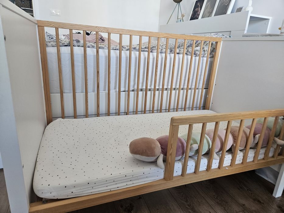 Бебешко легло/ кошара Kinderkraft MIA + Матрак, Дървено, Бял