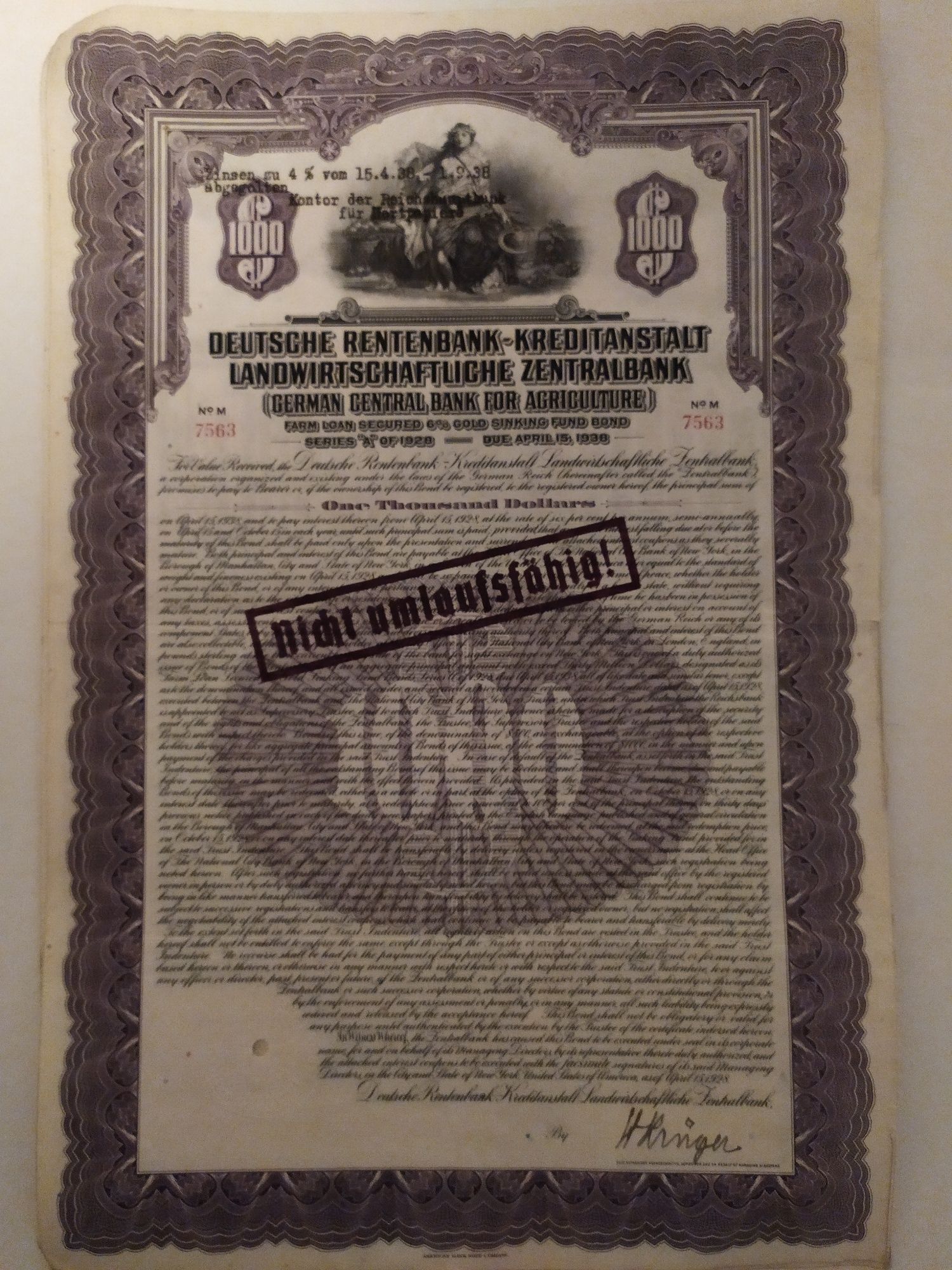 $1000 Dolari Aur Germania 1928 Obligatiune Banca Centrala bond