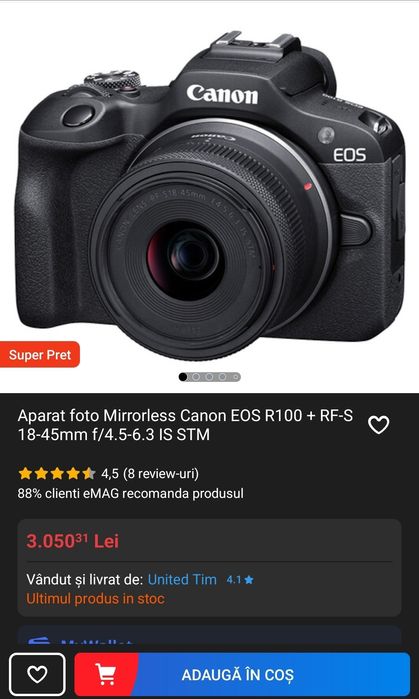 Aparat foto Mirrorless Canon EOS R100 + RF-S 18-45mm f/4.5-6.3 IS STM
