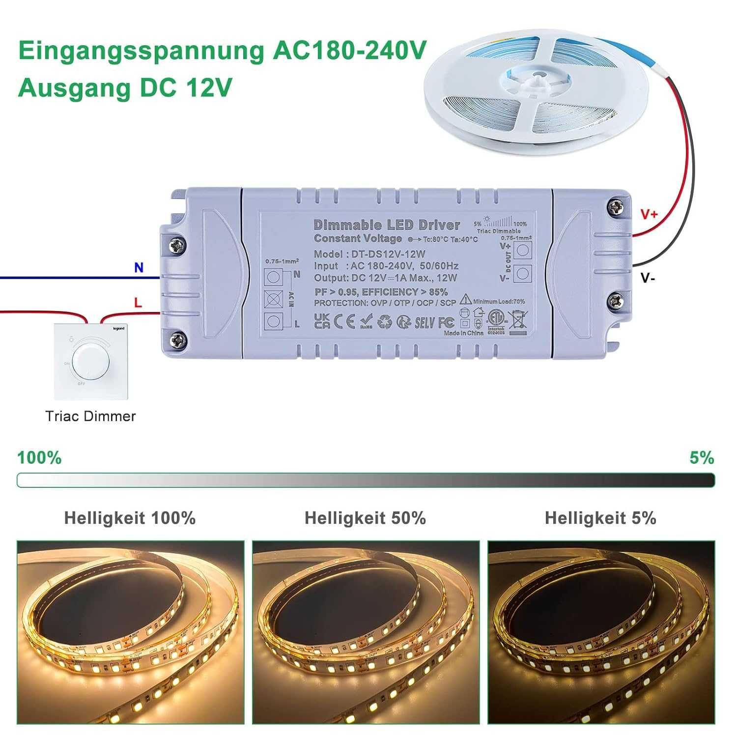 Transformator LED REYLAX Dimmabil Triac 12 V 12 W 1 A 230 V